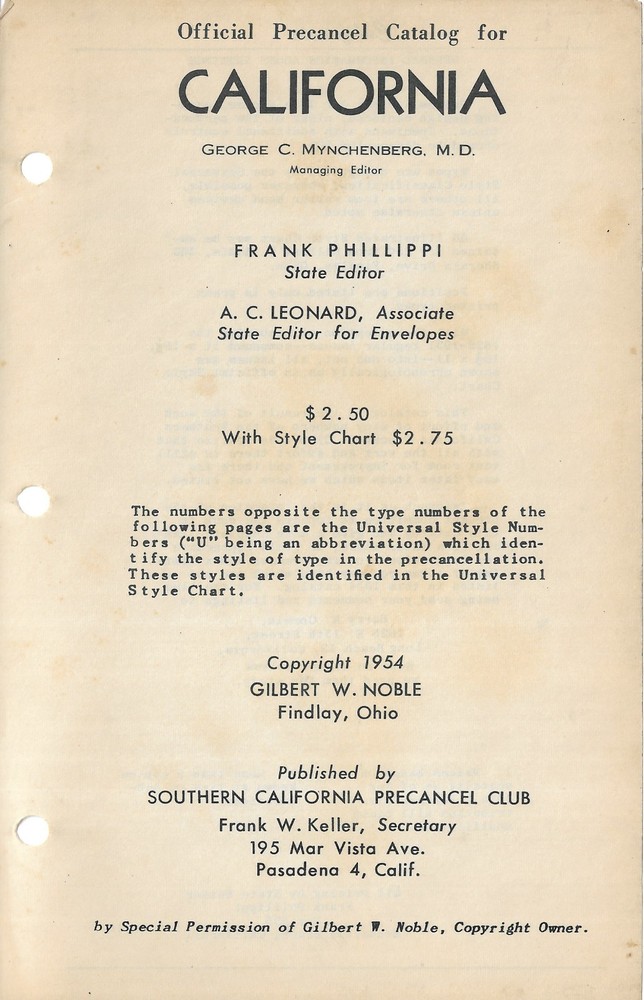 State General Precancel Catalogs: CALIFORNIA; Noble, 1954