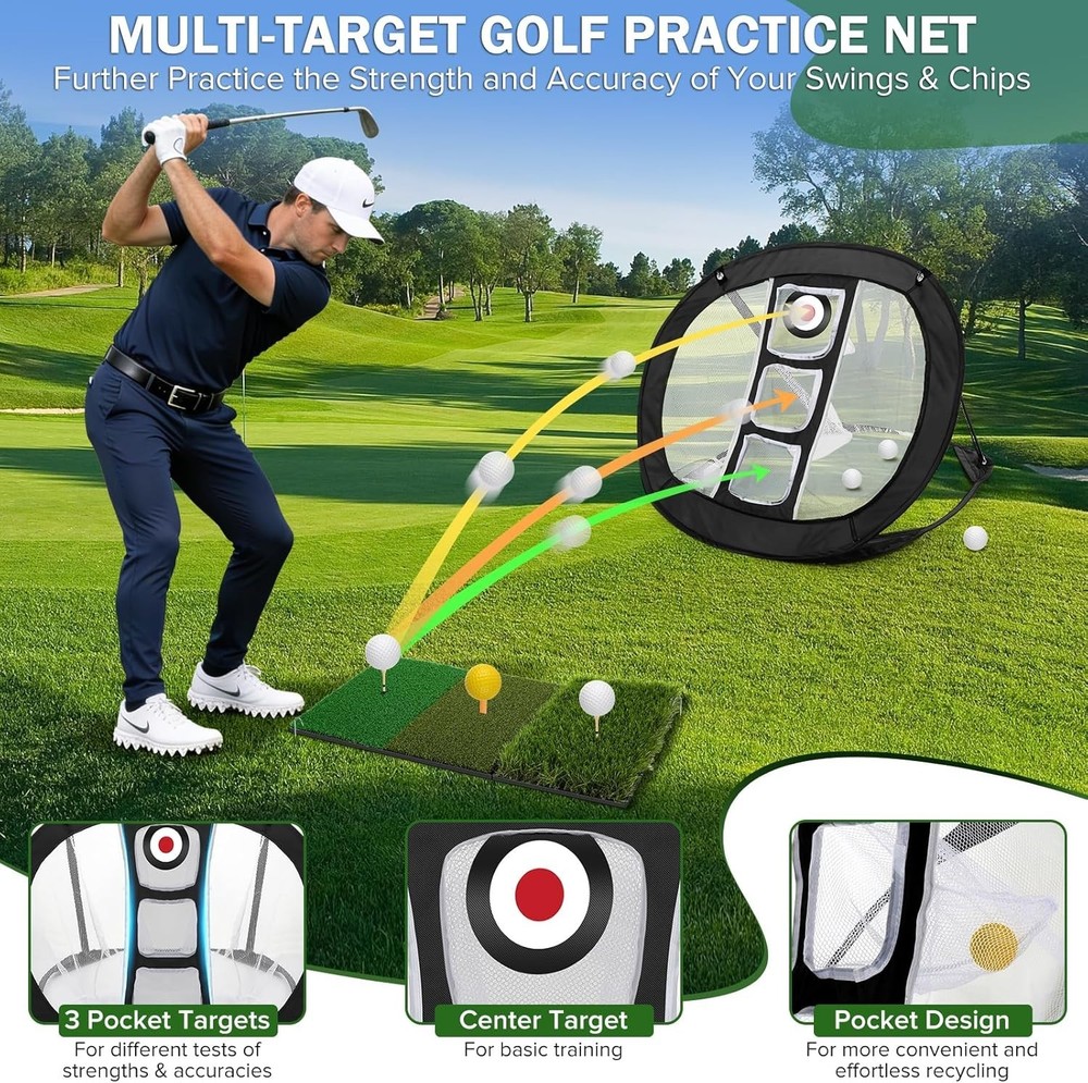 Golf Chipping Net with Tri-Turf Hitting Mat Set - Foldable Practice Target, 1...