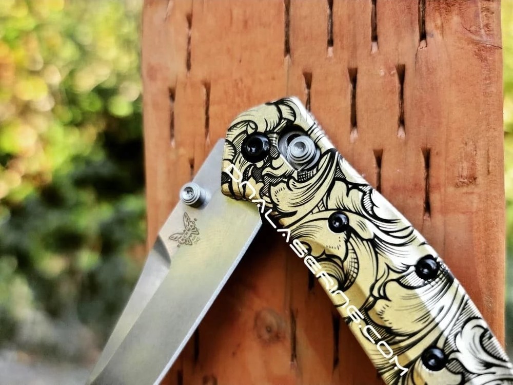 Leaf Scroll – Benchmade 945 MINI Osborne – Deep Laser Engraved Brass Scales ONLY