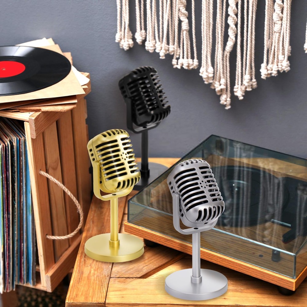 3 Pack Microphone Prop, Vintage Microphone Prop Model with Stand, Plastic Mic...