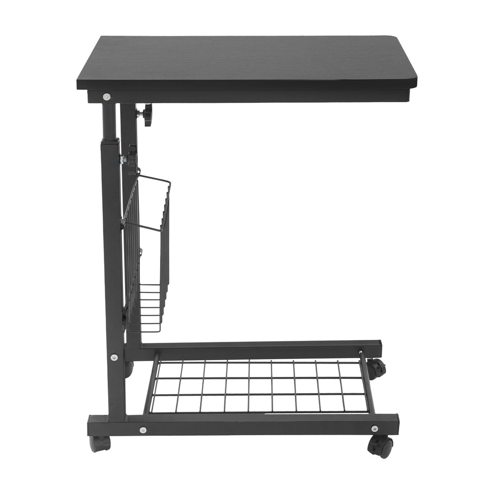 2 Tiers Adjustable Bed Side Table Thickened Mobile Standalone Table w/ Wheels