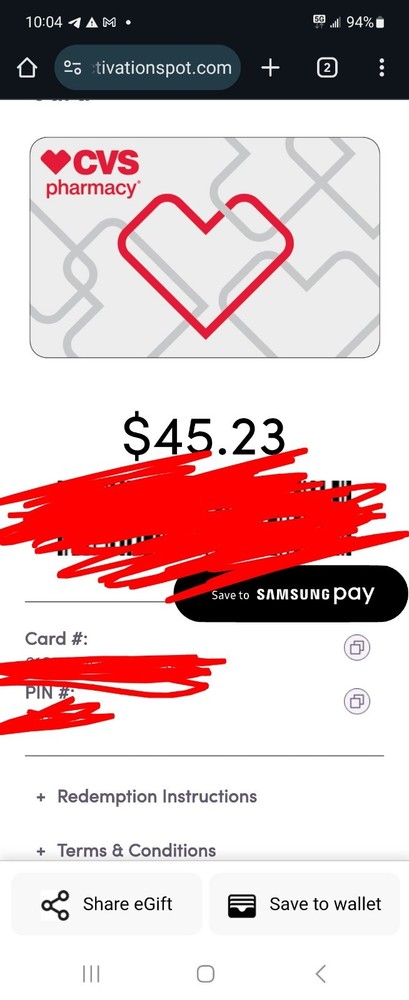 CVS Pharmacy Electronic Gift Card $45.23