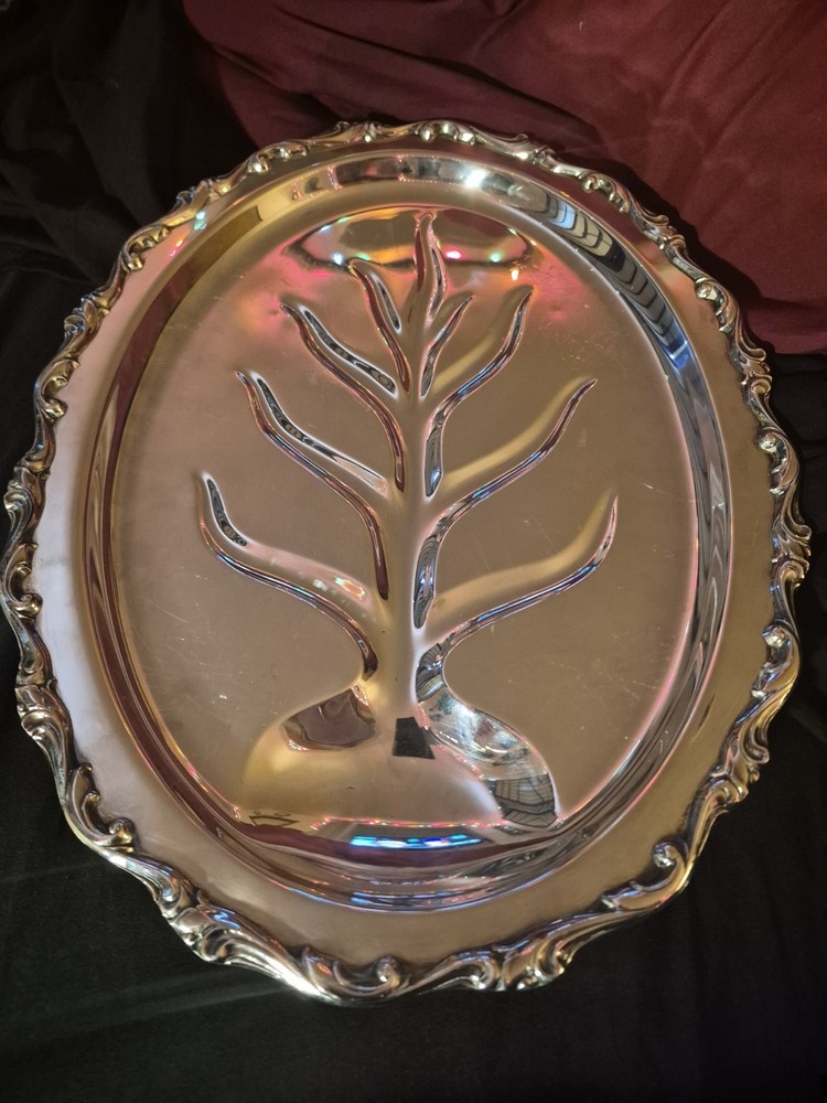 Silver Metal Oval Serving Tray with Tree Design, Glossy Finish