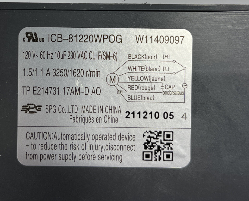 Whirlpool Microwave Vent Motor W11409097