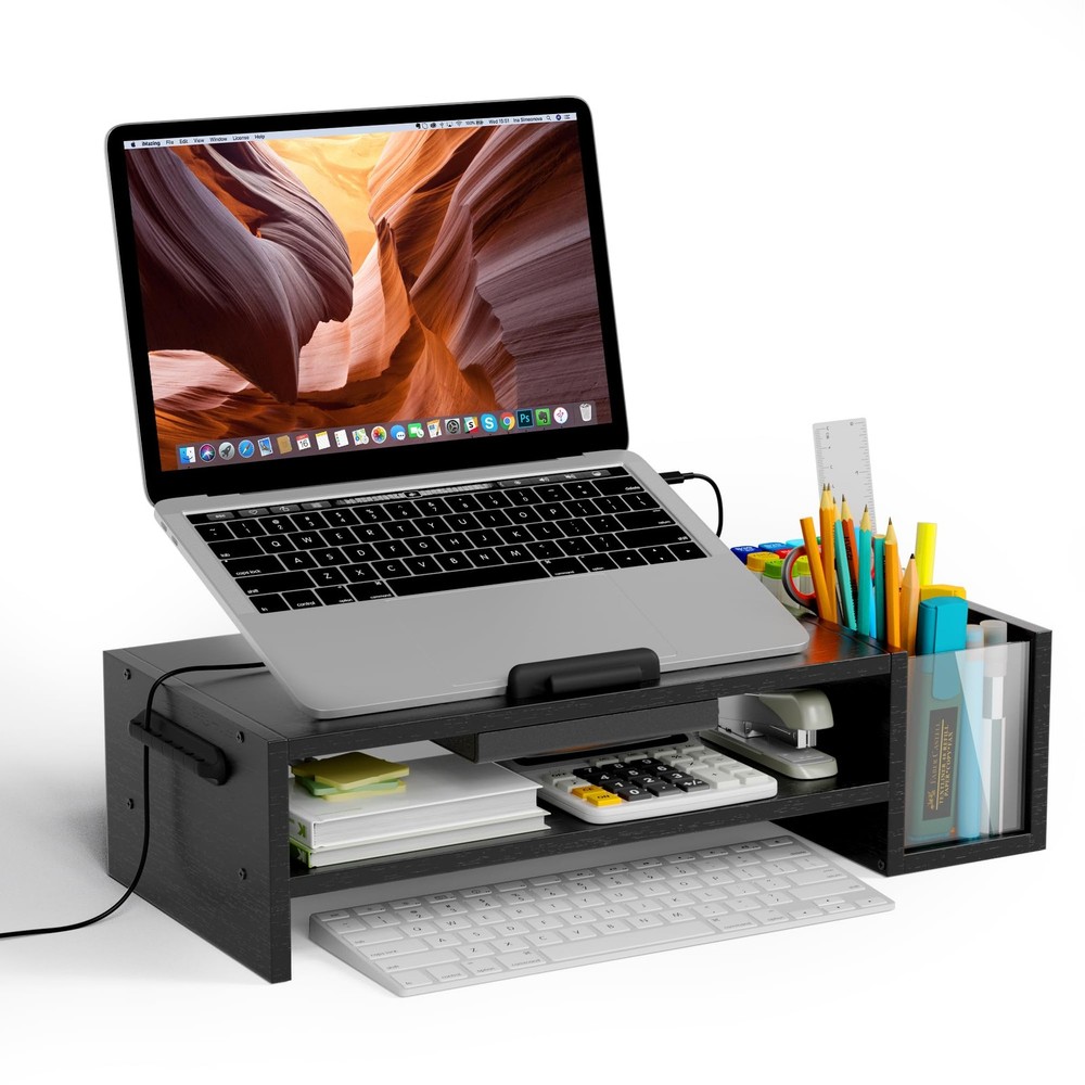 Adjustable Wood Laptop Stand, Ergonomic Height & Angle Computer Riser with Pe...