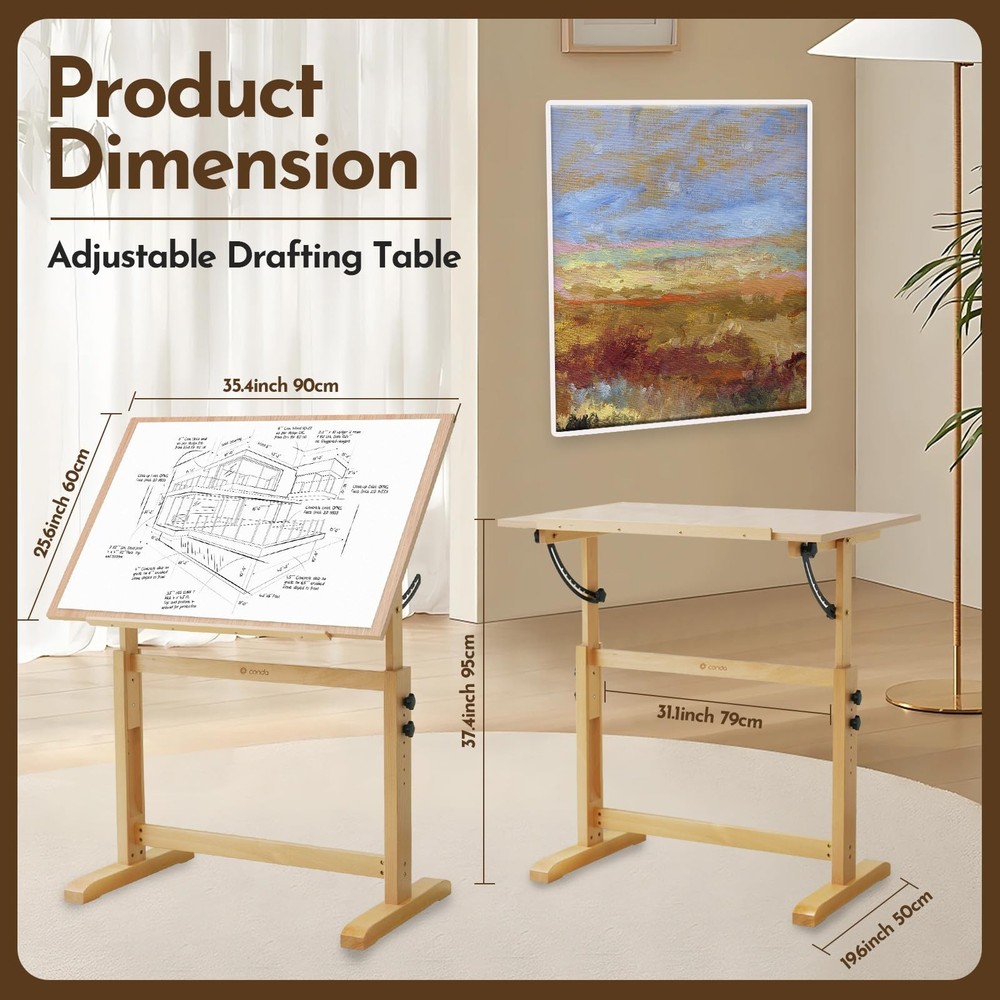 Wood Drafting Table - Adjustable Height, 35.5"x23.5" Plan Table for Construct...