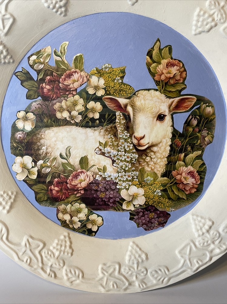 Silver Plate Tray Easter/Spring Lamb & Florals Decoupaged & Chalk Painted
