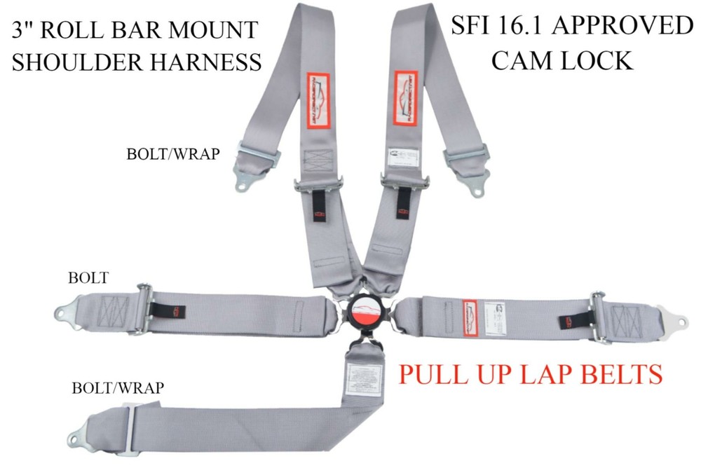 SAFETY RACING HARNESS 5 POINT CAM LOCK SFI 16.1 PULL UP LAPS ROLL BAR MOUNT