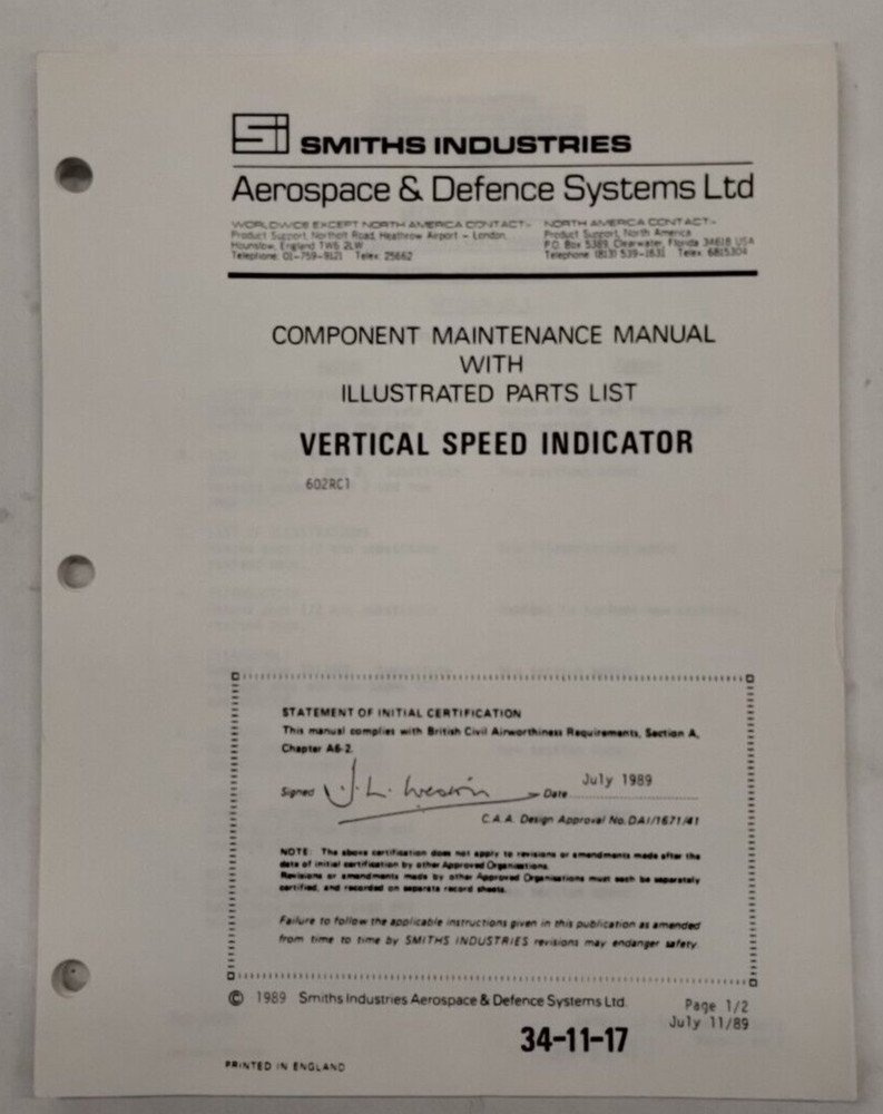 Smiths Industries Vertical Speed Indicator Component Maintenance Illust. Parts