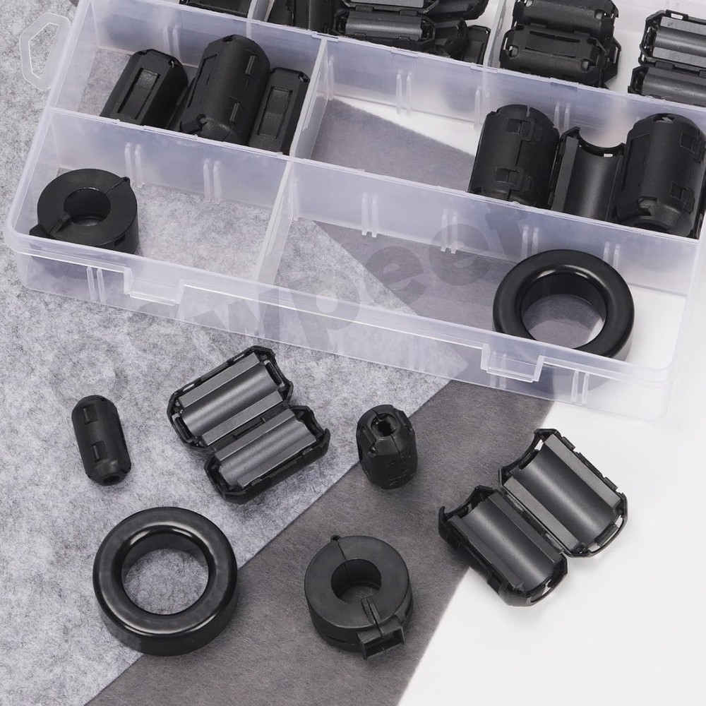 Swpeet 32Pcs 7 Sizes Clip-on Ferrite Ring Core with Toroid Black