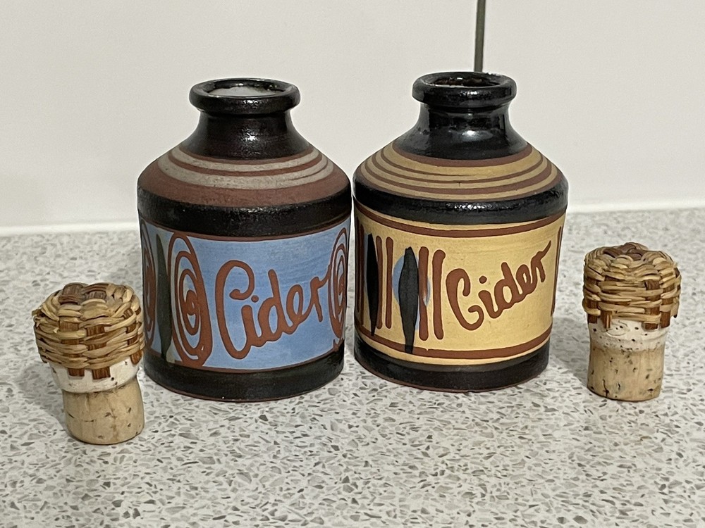 2 SMALL PRIDDOE'S STUDIO POTTERY HAND PAINTED "CIDER" BOTTLES PAIGNTON DEVON