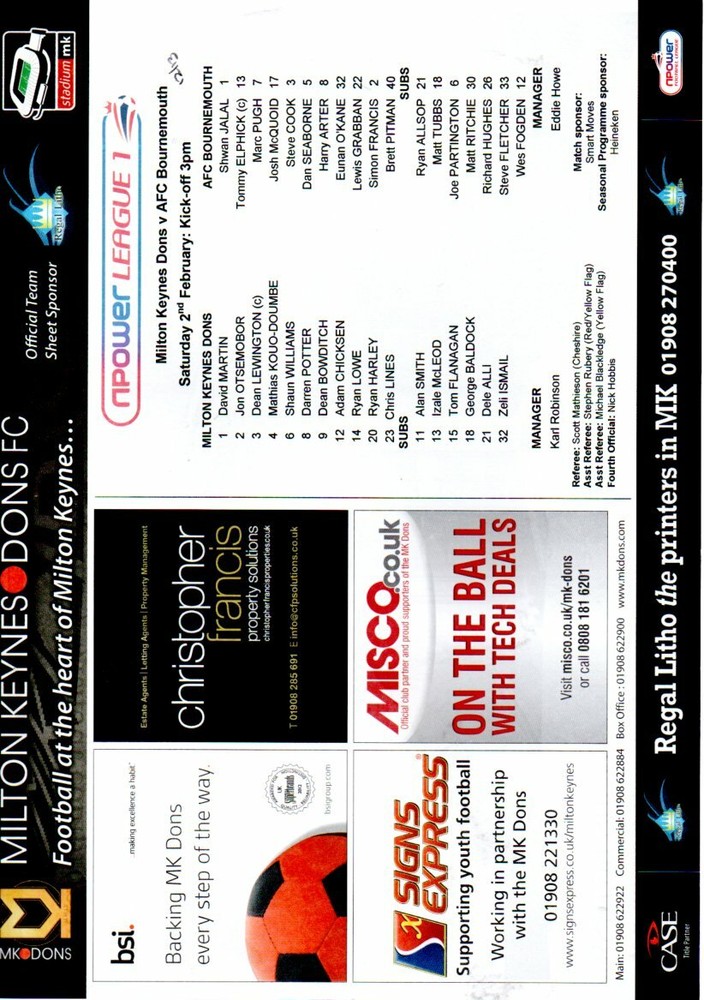 Team Sheet - MK Dons v Bournemouth 2.2.2013