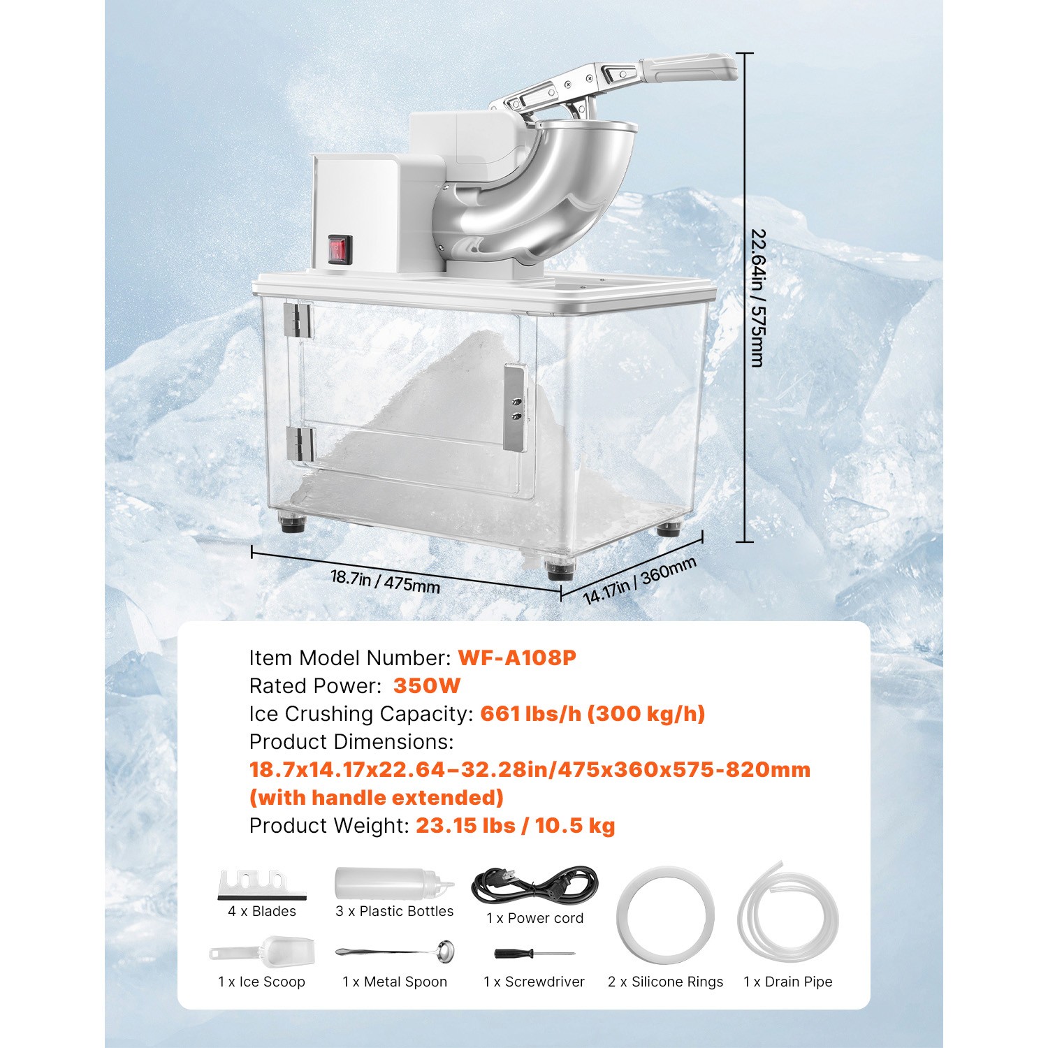 Commercial Snow Cone Machine Electric Ice Crusher Maker 661LBS/H Ice Shaver