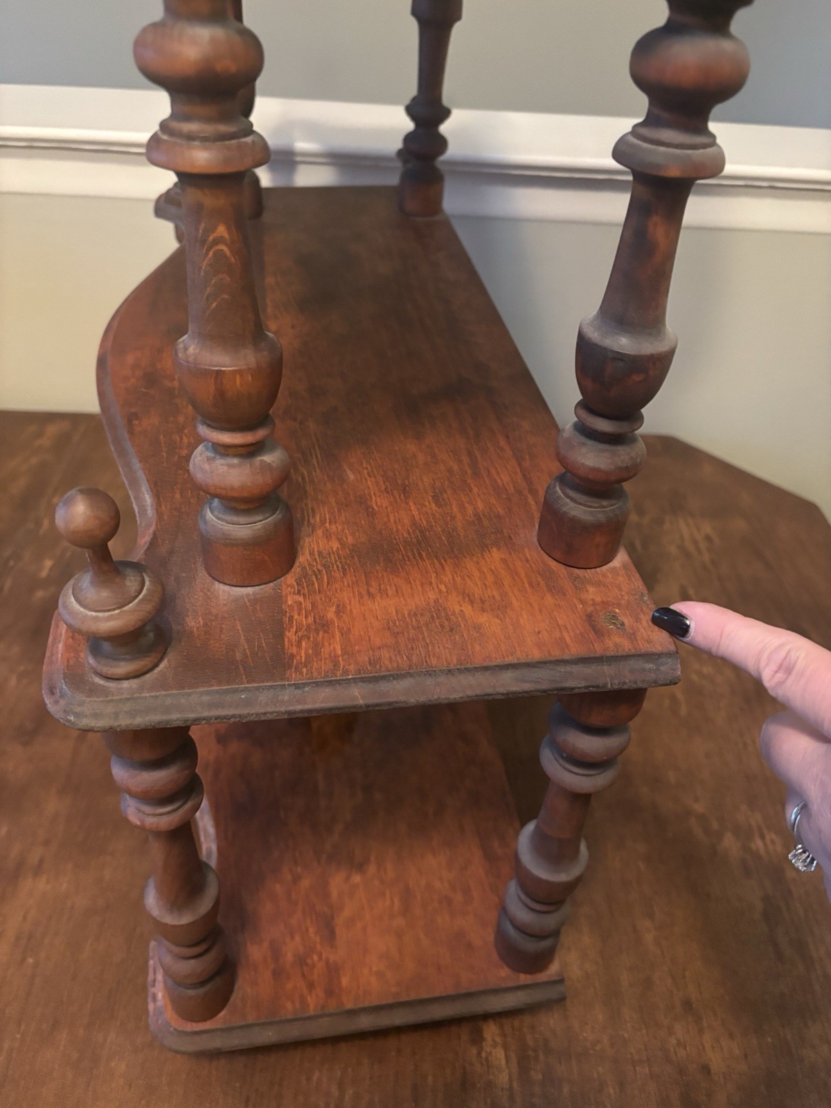 Antique 3 Shelf Wood Whatnot Bookshelf, Victorian 22”L 22”H 9.5”D Spindles