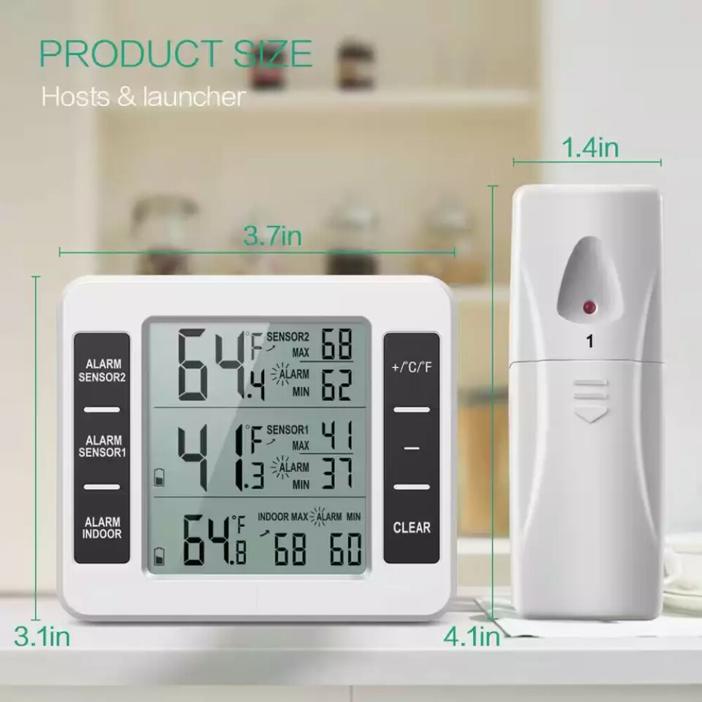Wireless Digital Refrigerator Freezer Thermometer Temp Alarm Dual Sensor