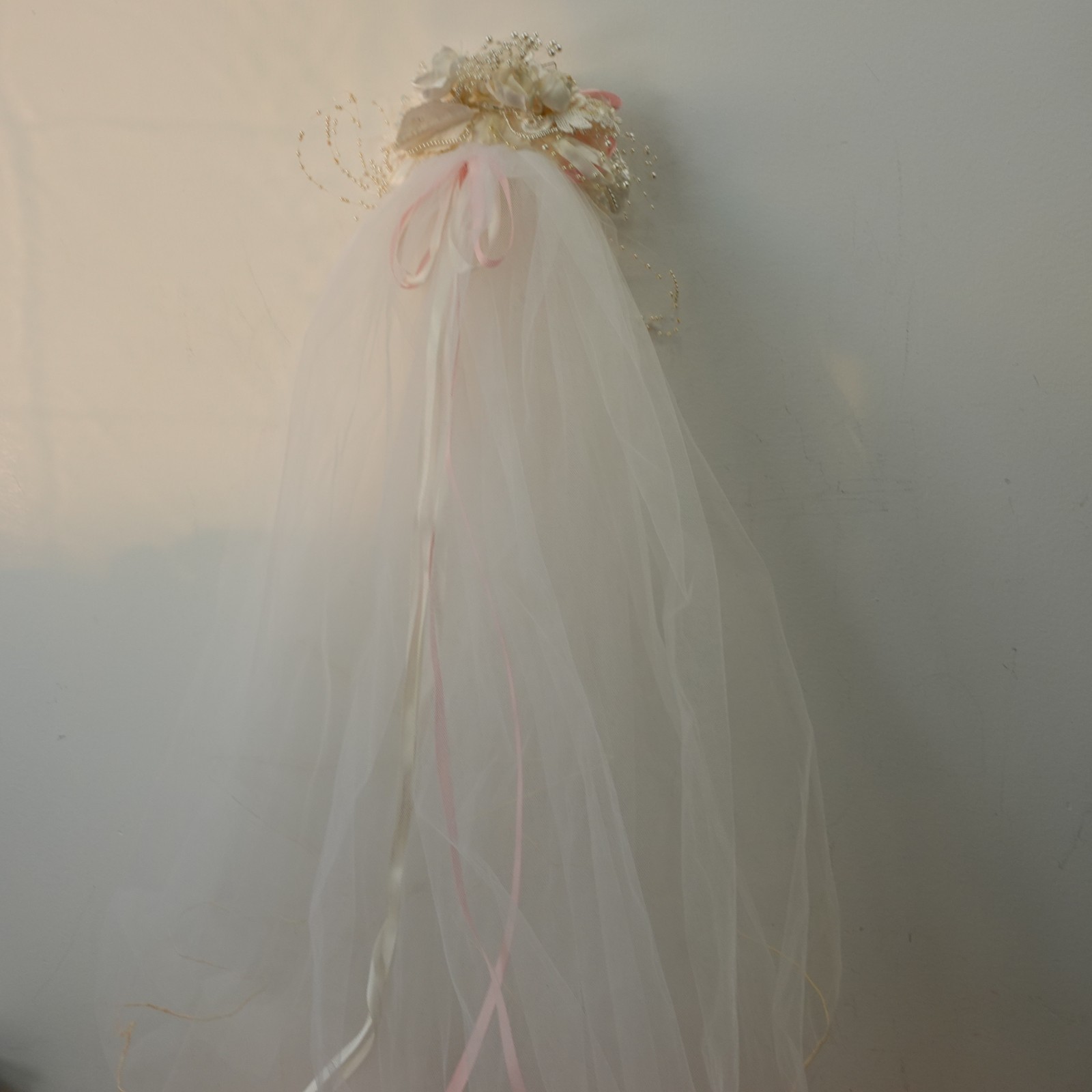 VTG Bridal Veil Headpiece White Floral Pearl Wreath Wedding Juliet Cap Tulle