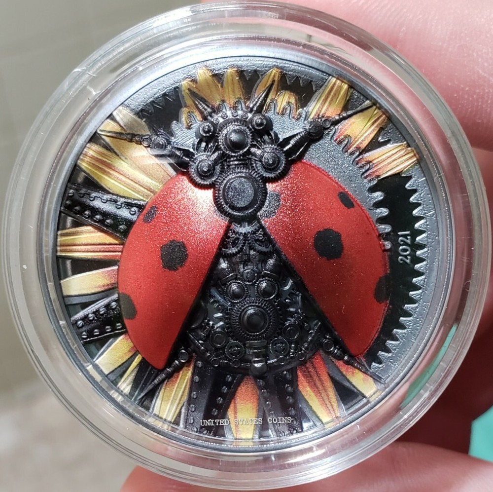 2021 Mongolia Clockwork Evolution MECHANICAL LADYBUG 3 Oz Silver Proof Coin.