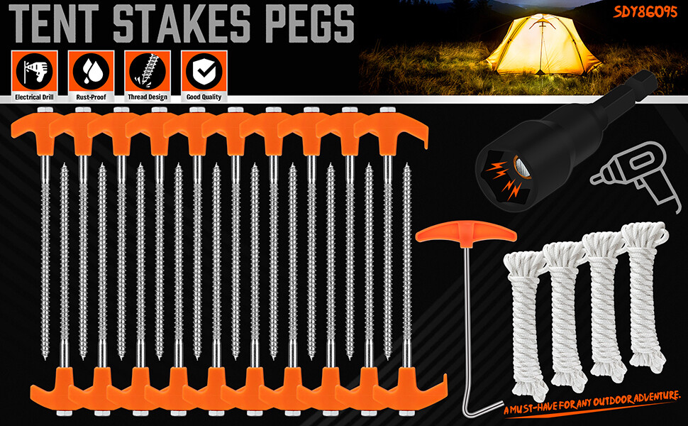 26PC Tent Stakes Pegs Camping Outdoor Steel Metal Nail 4x13FT Rope T Pull Hook