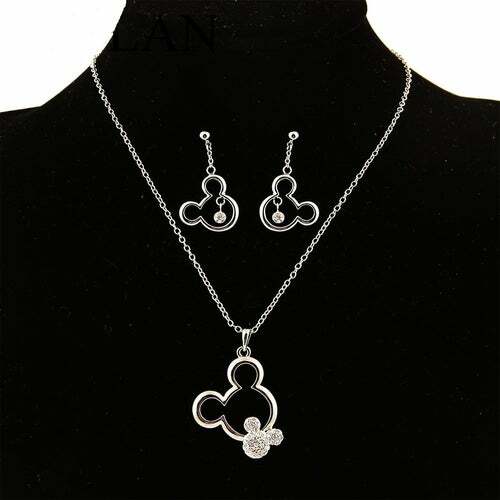 Silver Tone Cartoon Mouse Necklace & Earring Set