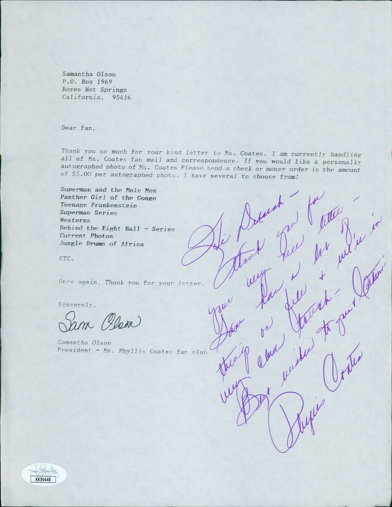 Phyllis Coates Actress Signed Request Letter JSA Authenticated