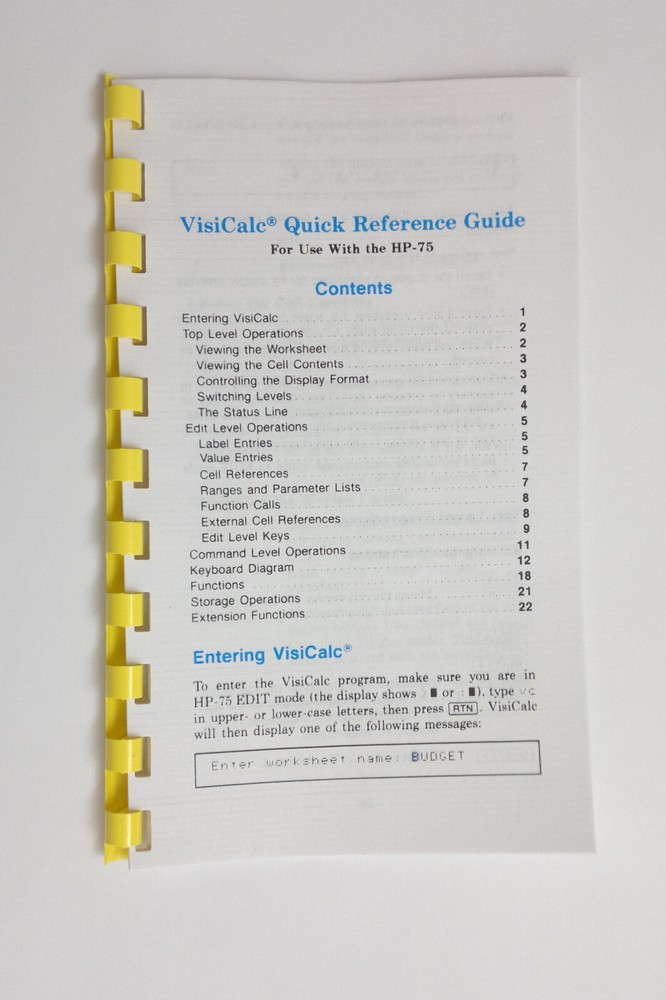Hewlett Packard HP-75 Calculator Visicalc Quick refeference Guide
