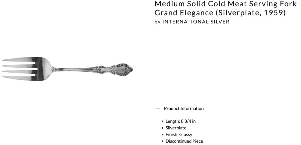 Medium Solid Cold Meat Serving Fork Grand Elegance Silverplate 1959 by Internati