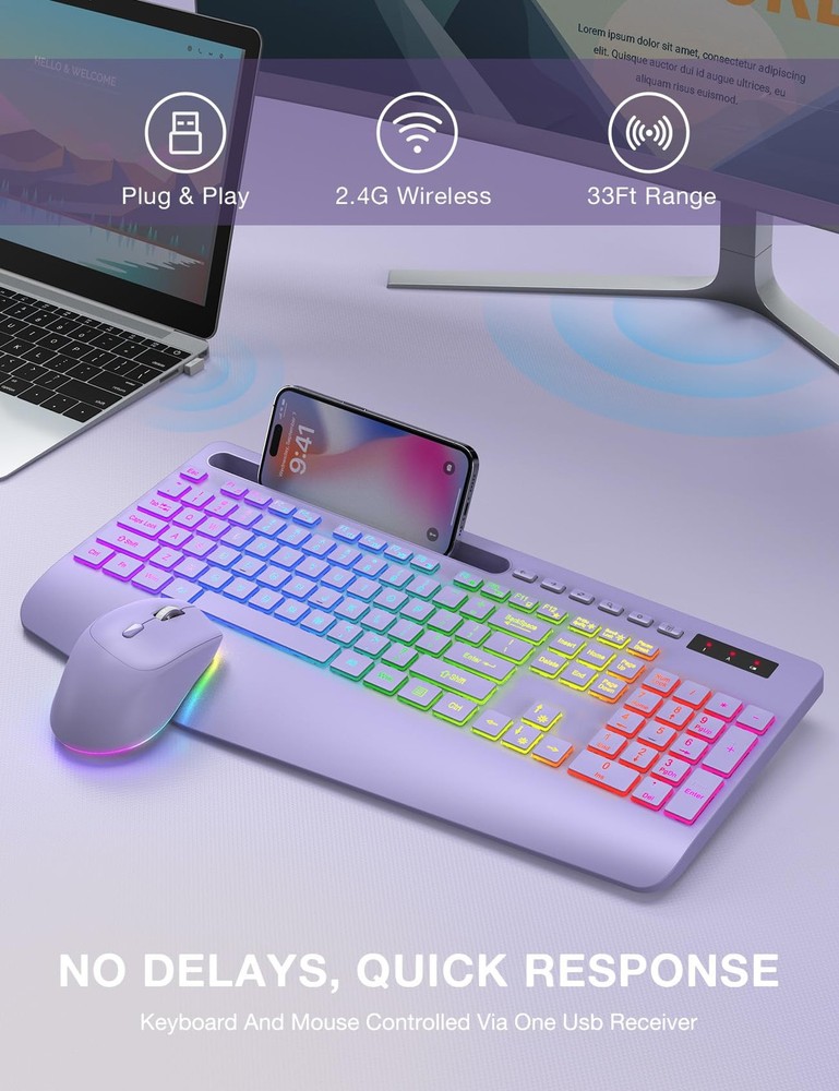 SABLUTE Wireless Keyboard and Mouse Combo, 9 Backlit Effects, Wrist Rest, Pho...
