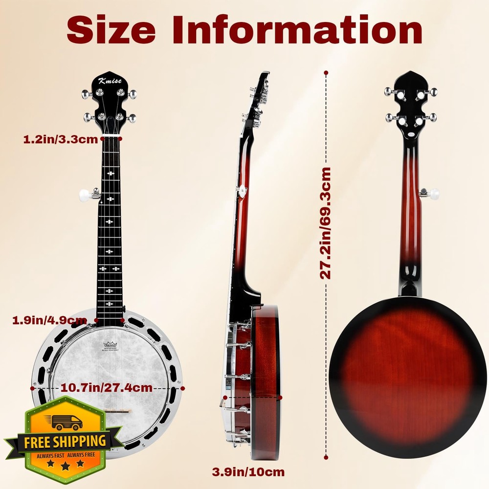 Kmise 5 String Banjo Kit Beginner Travel 28" Closed Back