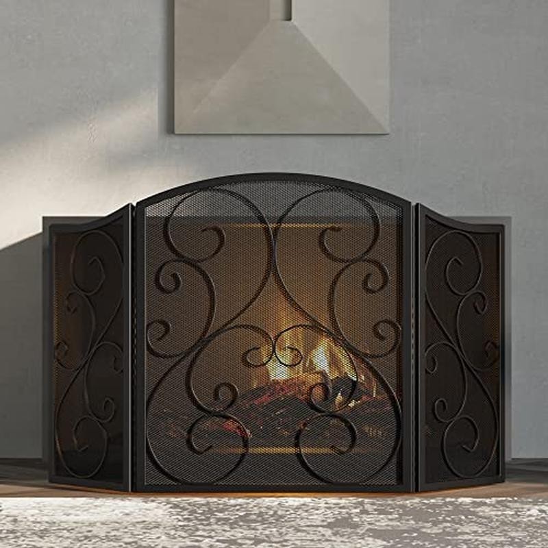 Wrought Iron Fireplace Screen 3 Panel Foldable Spark Guard Safety Protector New