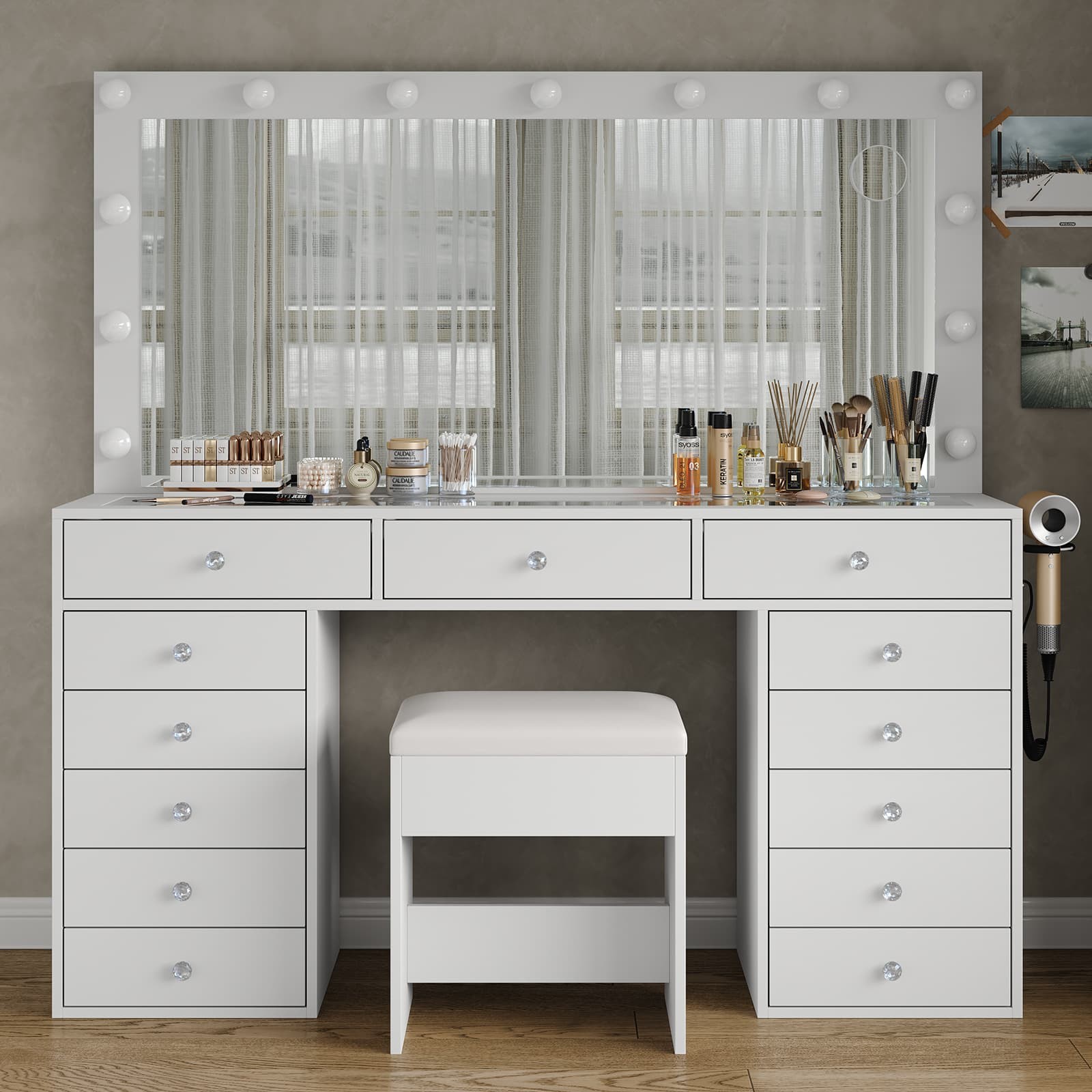 55" Makeup Vanity Desk with Lighted Mirror, Vanity Table Gift, 13 Drawers, White
