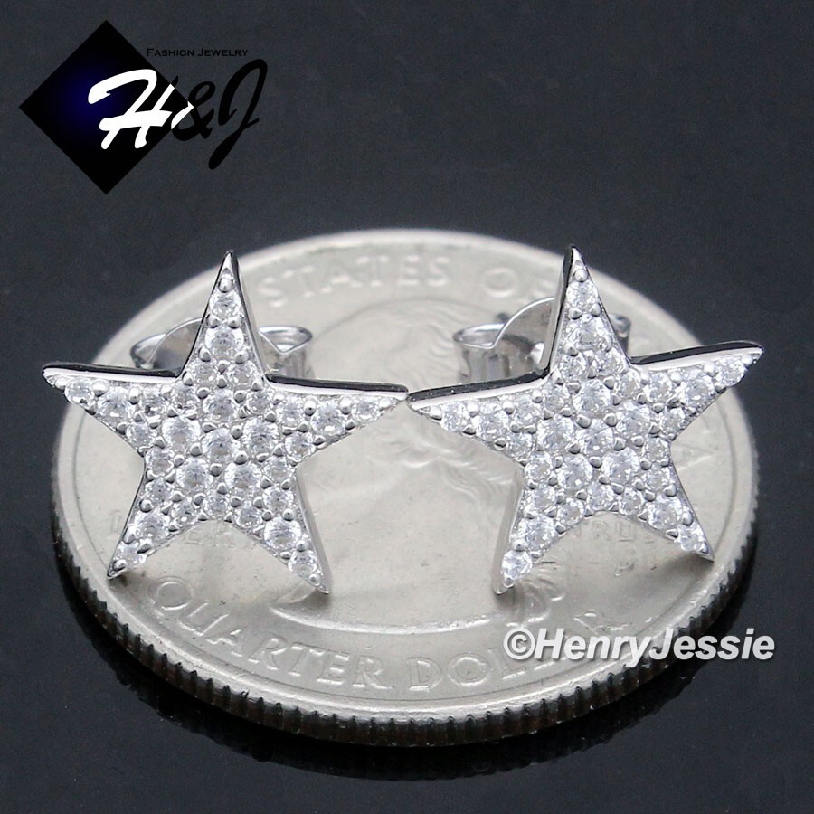 MEN WOMEN SOLID 925 STERLING SILVER ICY BLING CZ 3D STAR SHAPE STUD EARRING*E271