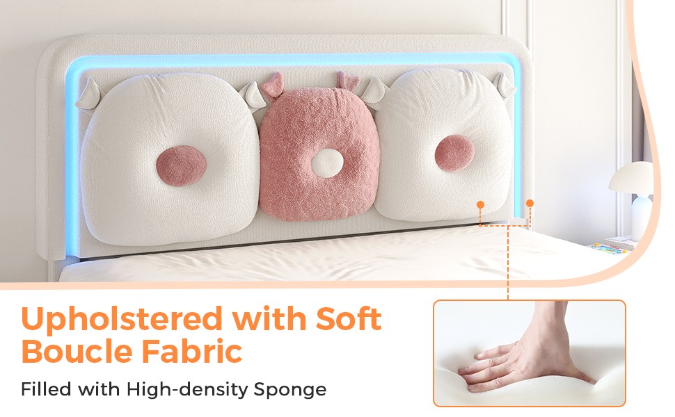 Easy Assembly Upholstered Beige Bed Adjustable Headboad With LED Light