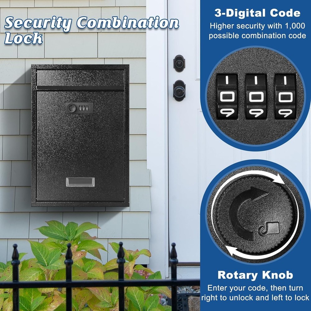 Locking Wall Mount Mailbox, Mail Boxes with Combination Lock for Outside, Sec...
