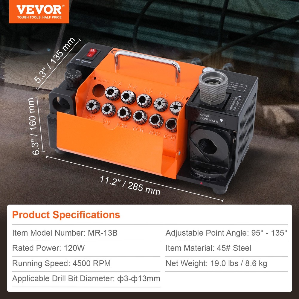 VEVOR MR-13B Drill Bits Sharpener 3-13mm Bits Grinder Sharpener & 11 Collets