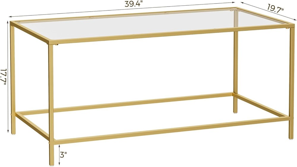 Glass coffee table, modern rectangular gold coffee table for living room