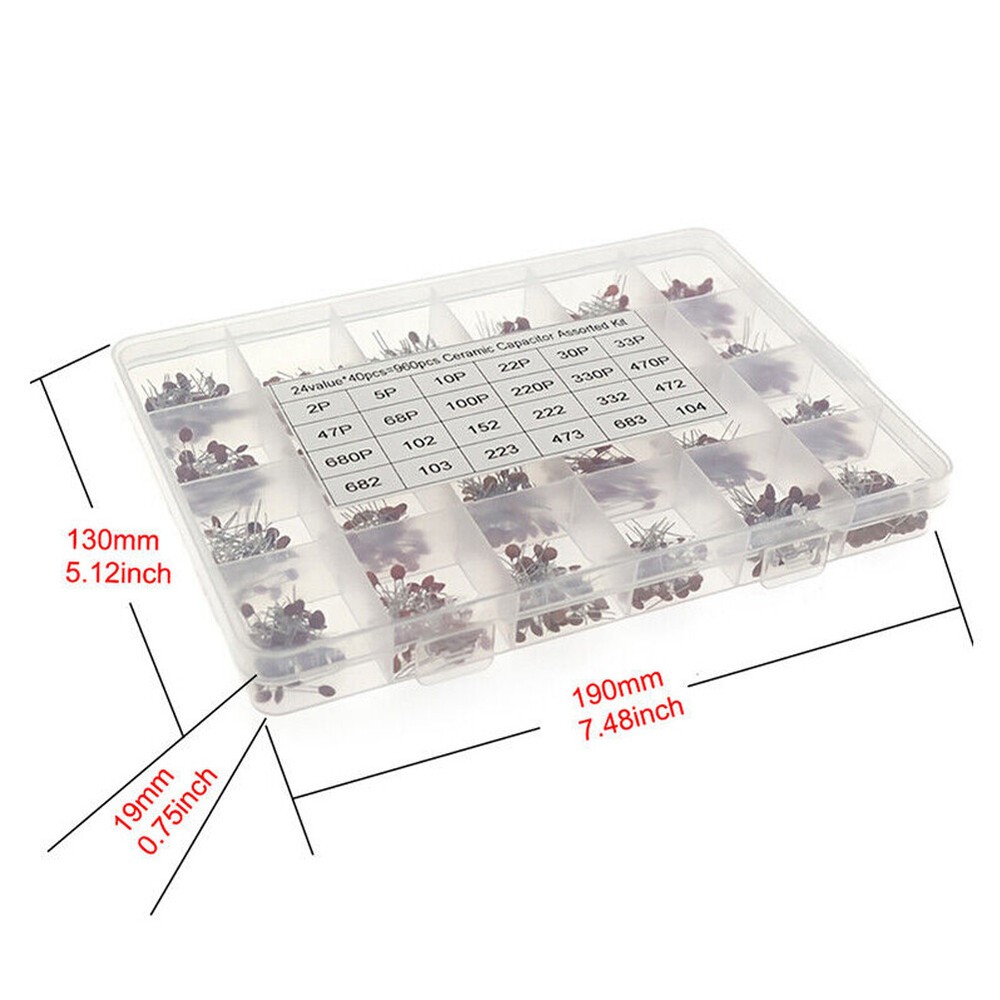 960 PCS 24 Value Ceramic Capacitor 2PF-100NF Assortment Kit for Electronics