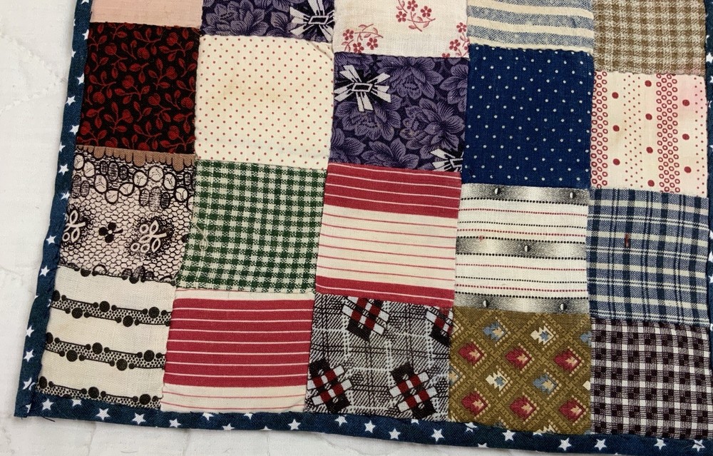 Antique Patchwork Quilt Table Topper, Rectangle, Four Patch, Early Calico Prints
