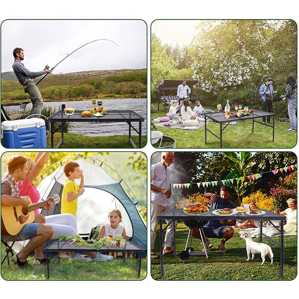 4FT 3-Fold Camping Table with Mesh Desktop Adjustable Height BBQ Grill Table