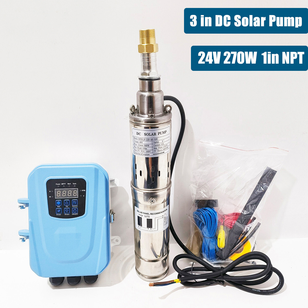 270W 3" Solar Pump Submersible Pump Bore DC 24V Deep Well Pump + MPPT Controller