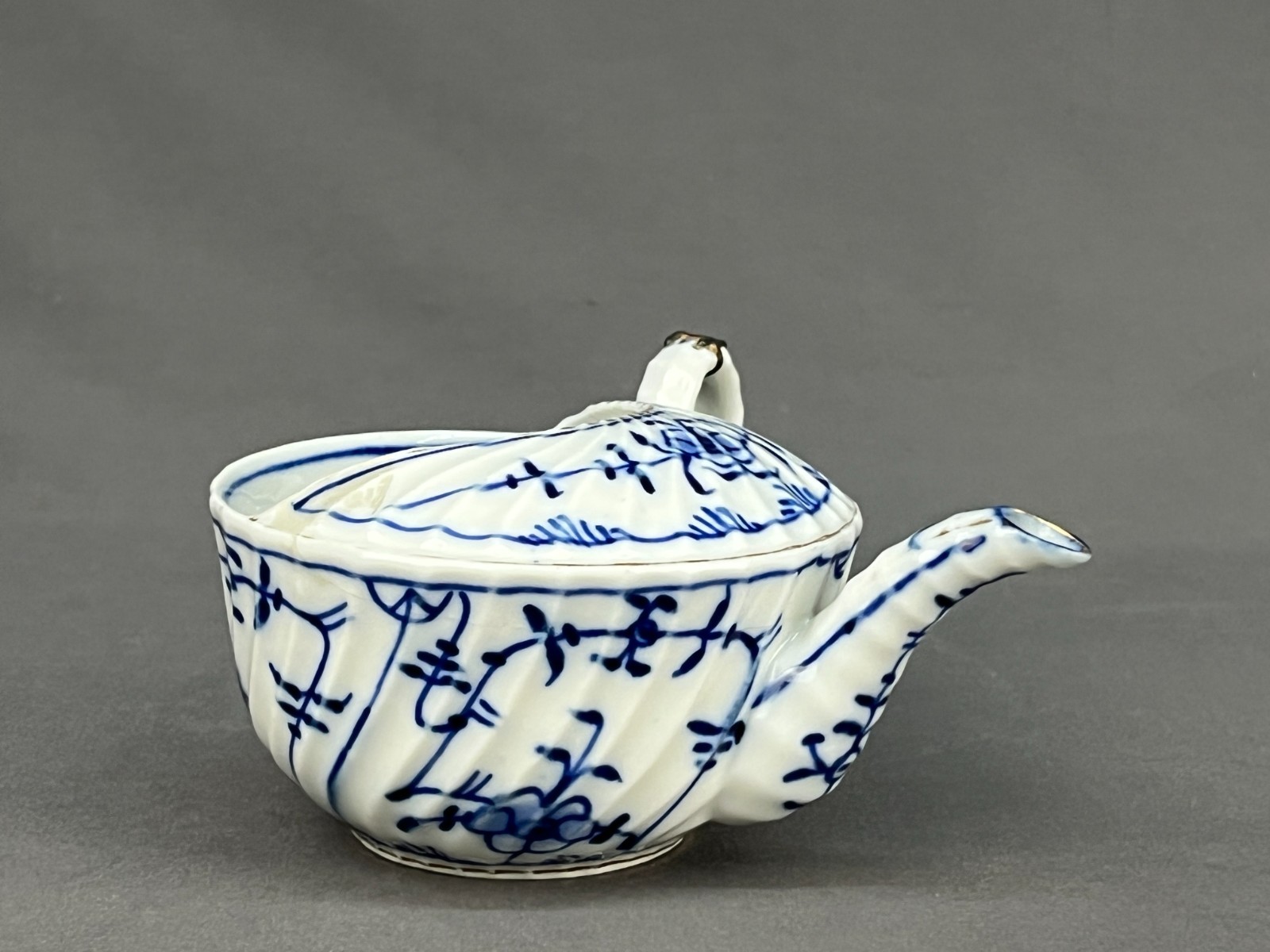 Royal Tettau BLUE ONION Invalid Feeder Pap Boat w/STAPLE REPAIR MAKE DO c. 1885