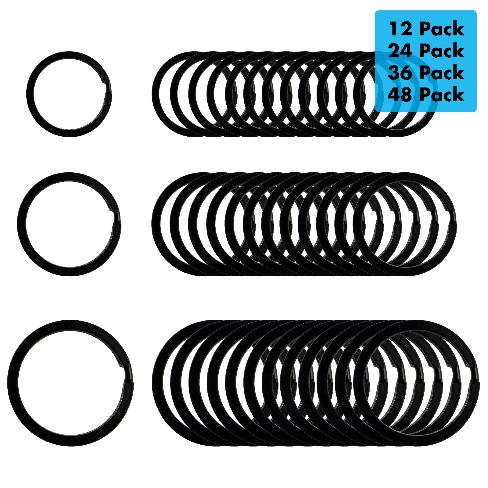 Black Flat Key Rings Key Chain Metal Split Ring (0.75", 1", 1.25") for Keys