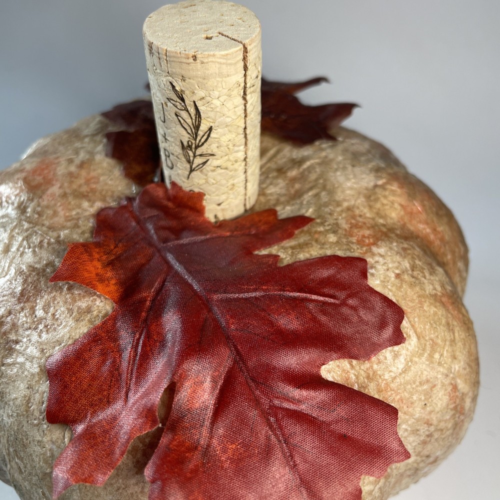 Faux Pumpkin Custom Decoupaged Finish Applied Cork Stem Fall Decor