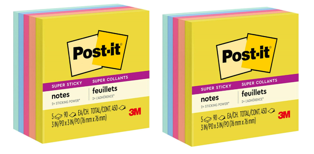 Post-it Super Sticky Notes 3" x 3" Summer Joy Collection 90 Sheet/Pad 5 2 Pack