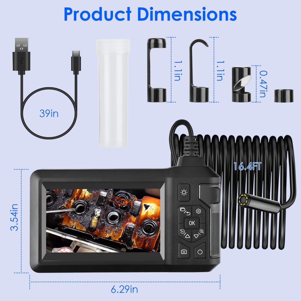 8 LED Adjustable Industrial Borescope Endoscope Camera w/16.4FT Semi-Rigid Cable
