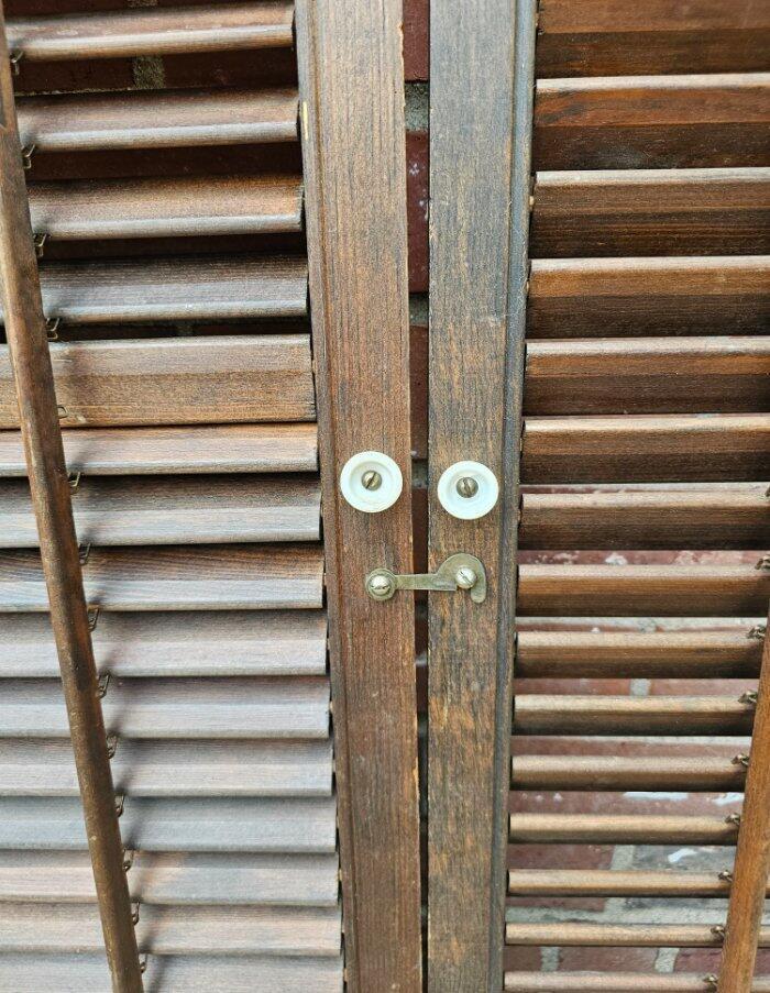 Vintage Wood Shutters Set Louvered Brass Hook White Knobs
