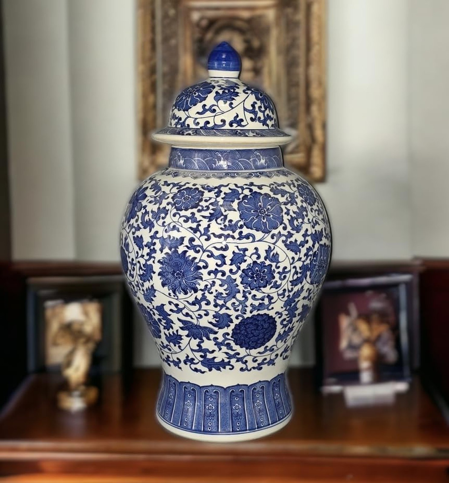 24" Classic Blue and White Floral Porcelain Ceramic Temple Ginger Jar Vase, L...