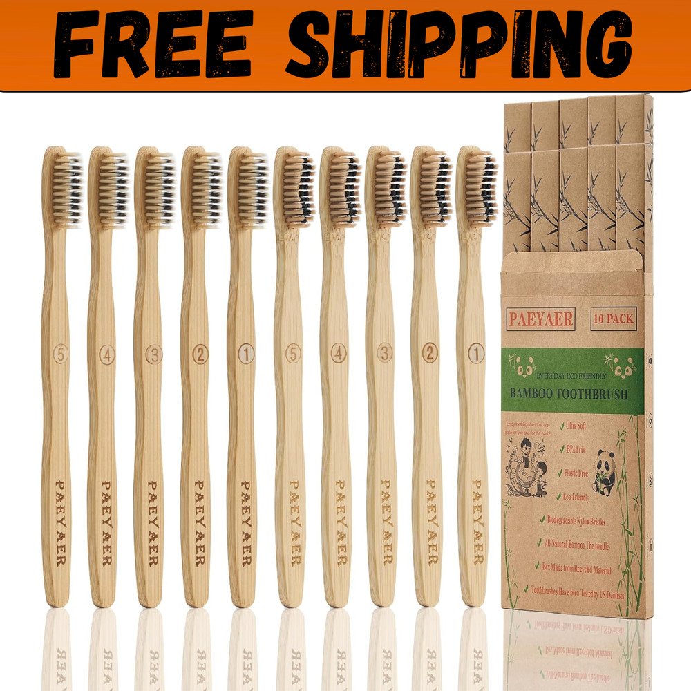 Bamboo Toothbrushes 10 Pack Biodegradable Soft Medium Charcoal Bristles
