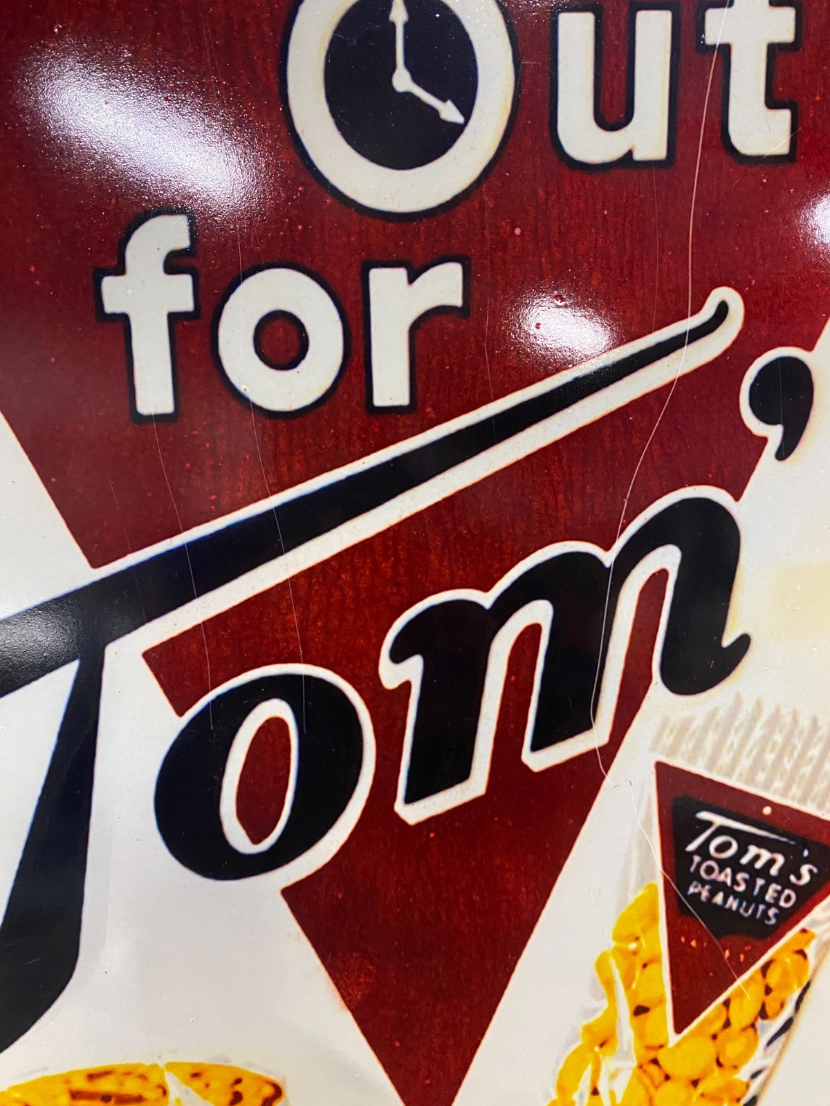 Tom's Snacks Metal Sign 13 3/4" x 21 3/4" GAS OIL COLA SODA TIME OUT FOR TOM'S