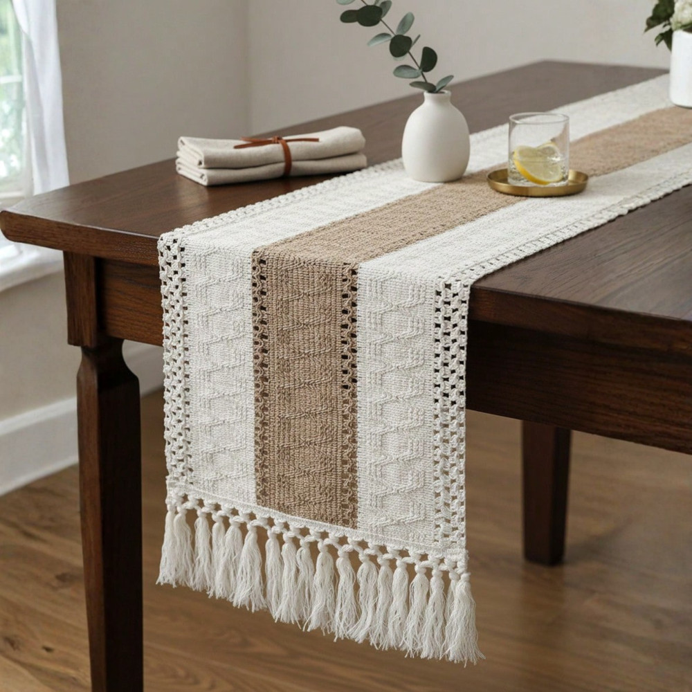 Boho Table Runner With Tassels Cream & Brown Macrame Woven Table Runner Mat