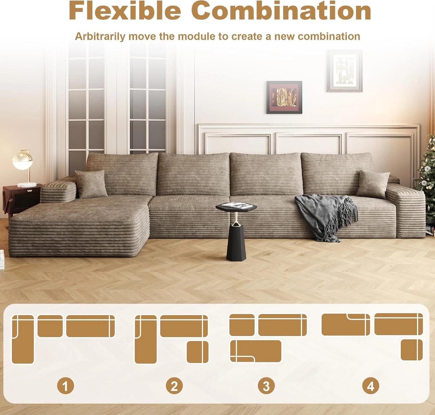 135" Corduroy Couch Sectional Sofa with Chaise L Shape Boneless Cloud Couches